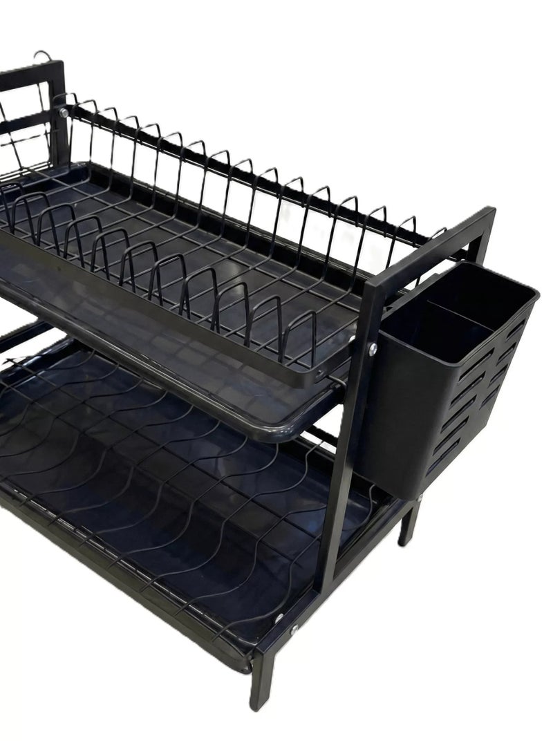 رف تجفيف الاطباق: رفوف اطباق من طبقتين لطاولة المطبخ والحوض - رف تجفيف اطباق كبير مع لوح تصريف وحوامل ادوات - مصفاة اطباق من الستانلس ستيل لتنظيم وتخزين المطبخ - Image 3